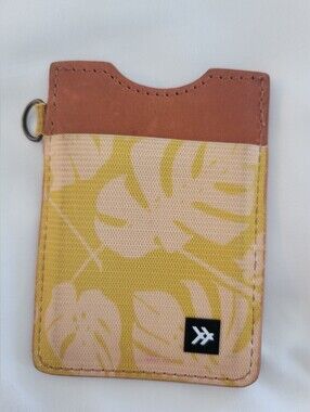Thread Straight Wallet and Keychain-Yellow Hibiscus Webbing and Brown Leather